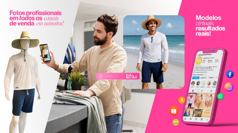 Com a plataforma FotoModel, você monta combinações visuais completas em poucos cliques, unindo praticidade e criatividade.