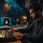 Produtor musical trabalha em estúdio durante debate sobre inteligência artificial na criação de músicas