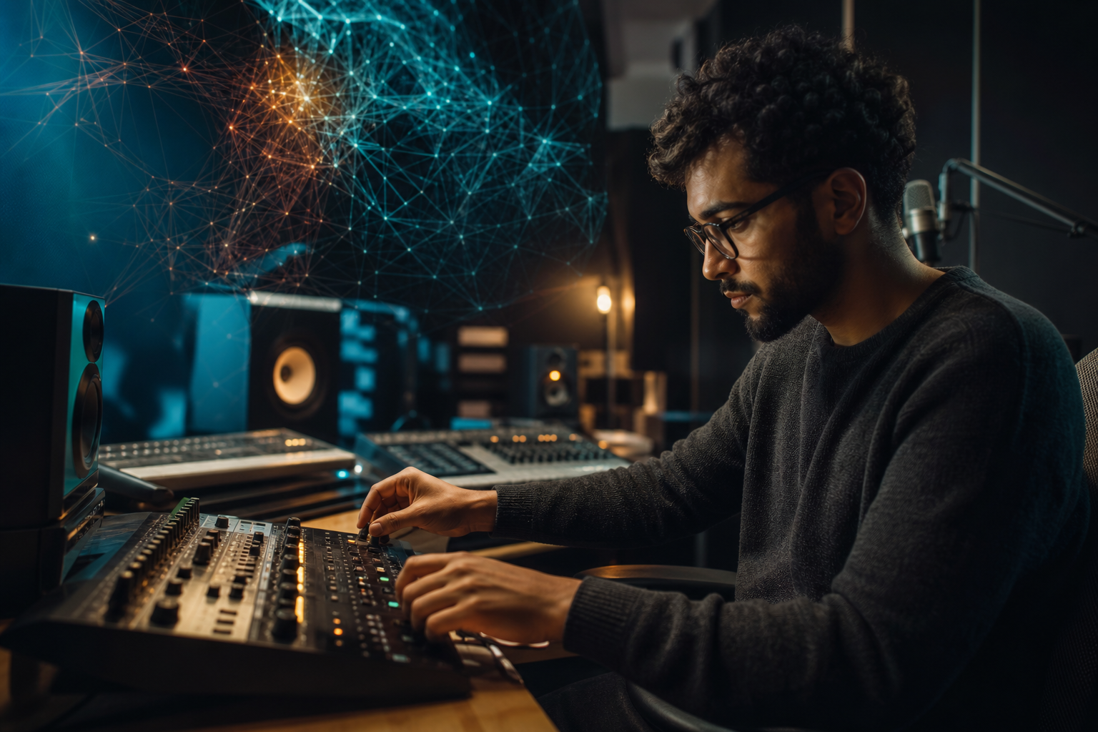 Produtor musical trabalha em estúdio durante debate sobre inteligência artificial na criação de músicas