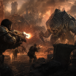 Cena de ação de Gears of War: E-Day com soldados enfrentando criaturas gigantes em um cenário destruído