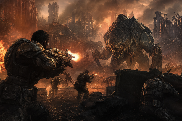 Cena de ação de Gears of War: E-Day com soldados enfrentando criaturas gigantes em um cenário destruído