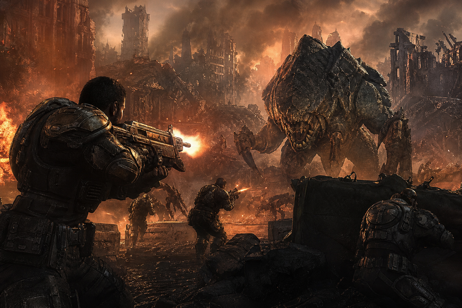 Cena de ação de Gears of War: E-Day com soldados enfrentando criaturas gigantes em um cenário destruído